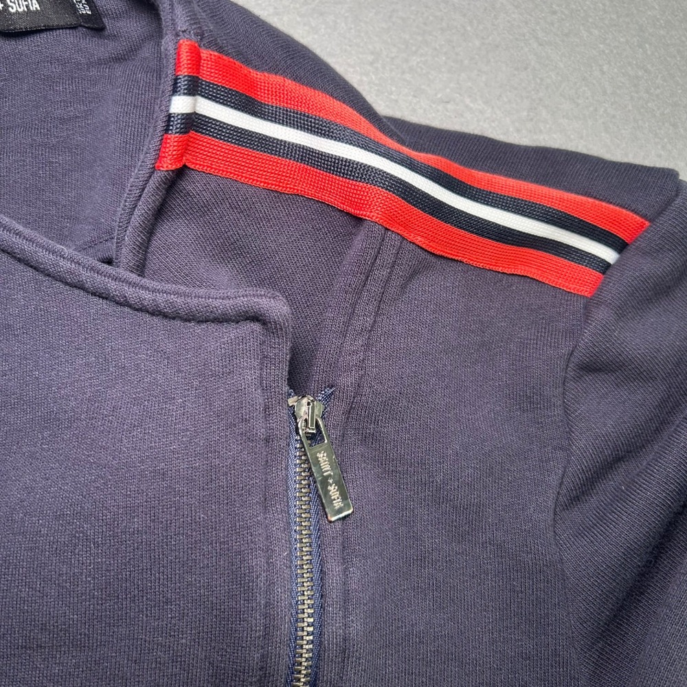 Saint + Sofia Jacket Womens 12 Navy Blue Striped Asymmetrical Organic Cotton Zip - Picture 2 of 9